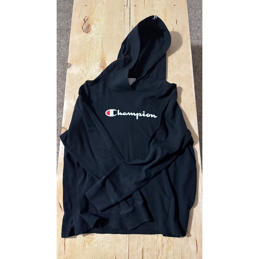 Champion Womens Black Script Logo Cotton Pullover Hoodie Sweatshirt Large